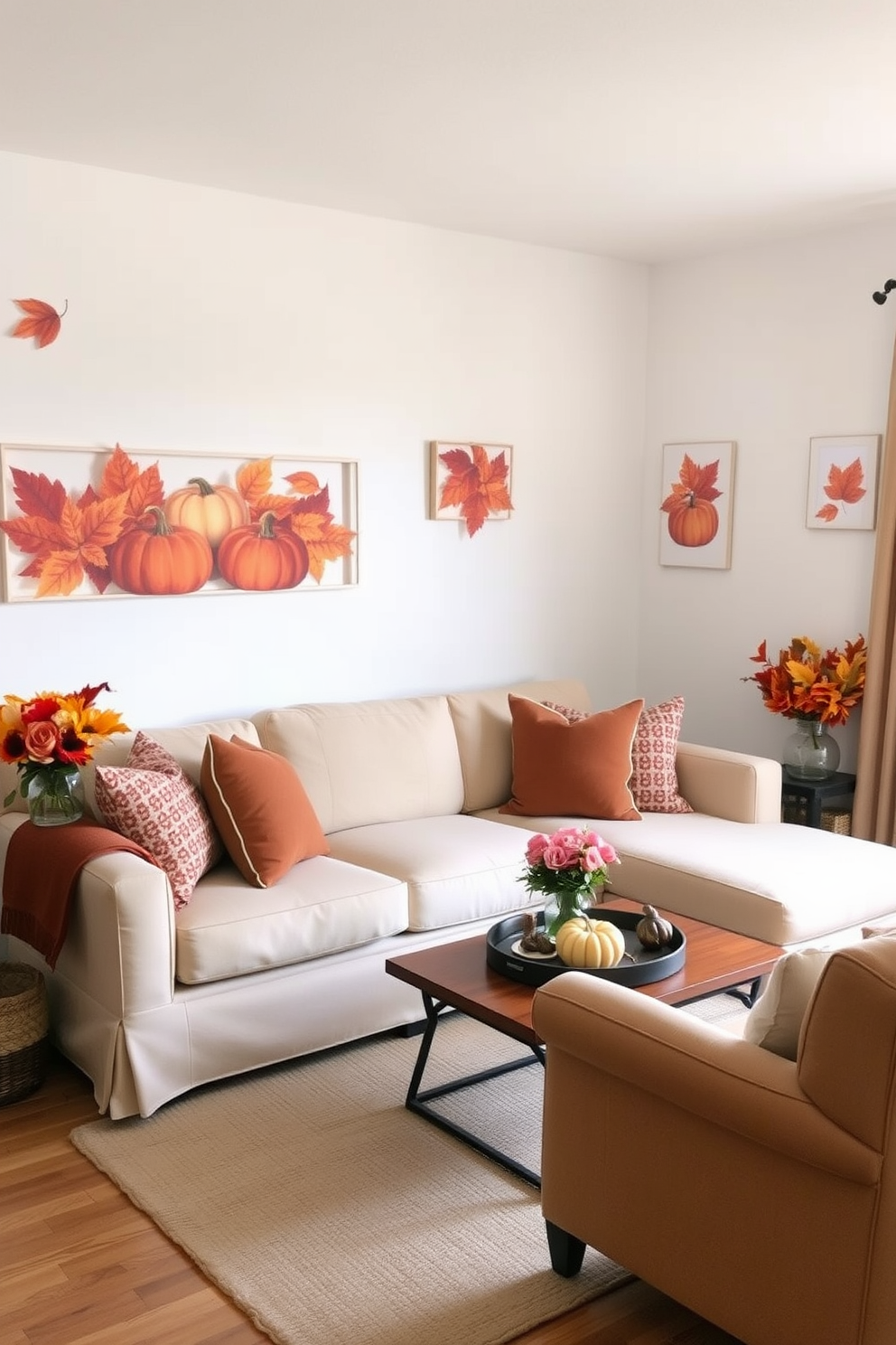 A cozy small living room decorated for Thanksgiving. The walls are adorned with wall art featuring vibrant fall leaves and pumpkins, creating a warm and inviting atmosphere.