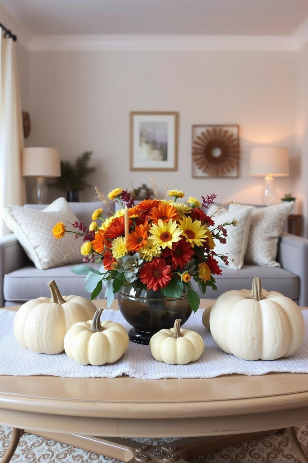 A charming table centerpiece adorned with fresh autumn flowers in warm hues. Surrounding the flowers are decorative pumpkins and candles, creating a cozy atmosphere for Thanksgiving celebrations. In a small living room, a mix of plush cushions and a soft throw blanket enhance the inviting feel. A stylish coffee table holds the centerpiece, while a subtle color palette unifies the space.