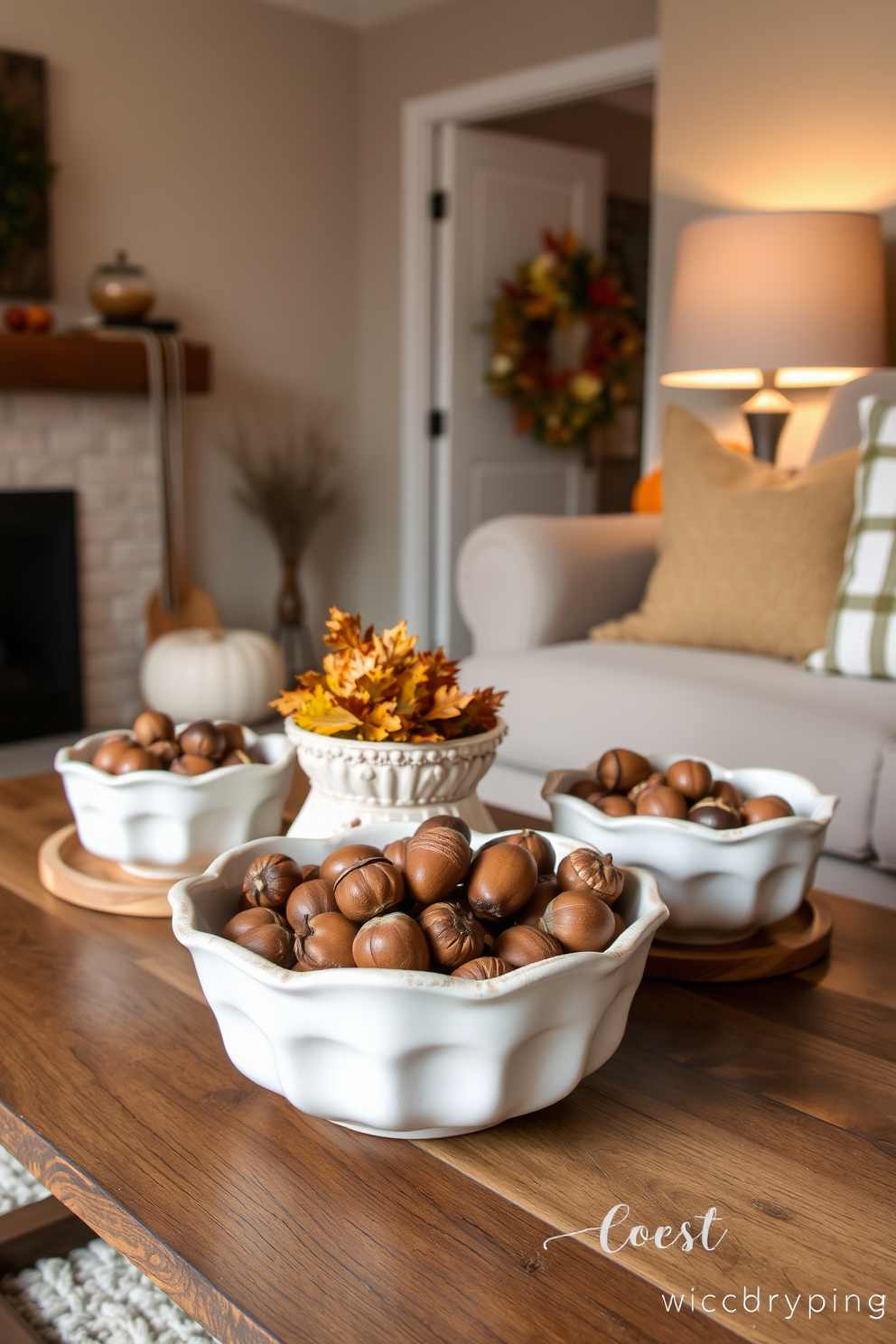 A cozy small living room adorned for Thanksgiving features decorative bowls filled with acorns placed on a rustic wooden coffee table. Soft, warm lighting casts a gentle glow on the space, enhancing the autumnal colors of the decor.