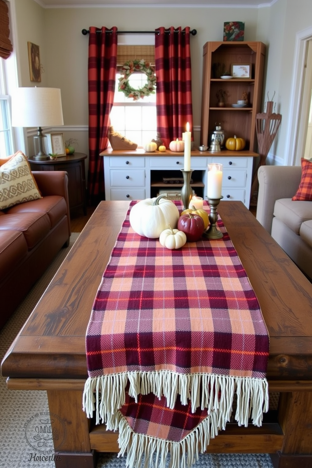 A cozy small living room features a warm plaid table runner draped over a rustic wooden coffee table. The table is adorned with seasonal decorations such as pumpkins and candles, creating a festive atmosphere for Thanksgiving.