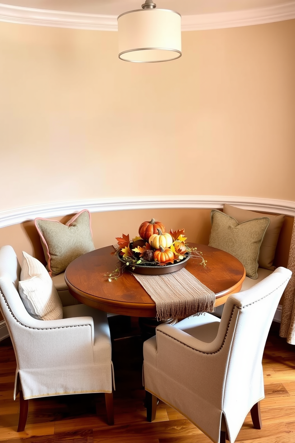 A cozy dining nook is set against a backdrop of soft, warm colors that create an inviting atmosphere. A round wooden table is surrounded by plush upholstered chairs, adorned with seasonal throw pillows for added comfort. The table is elegantly decorated with a rustic table runner and a centerpiece of autumn leaves and pumpkins. Soft, ambient lighting from a nearby pendant lamp casts a gentle glow, enhancing the warmth of the space.