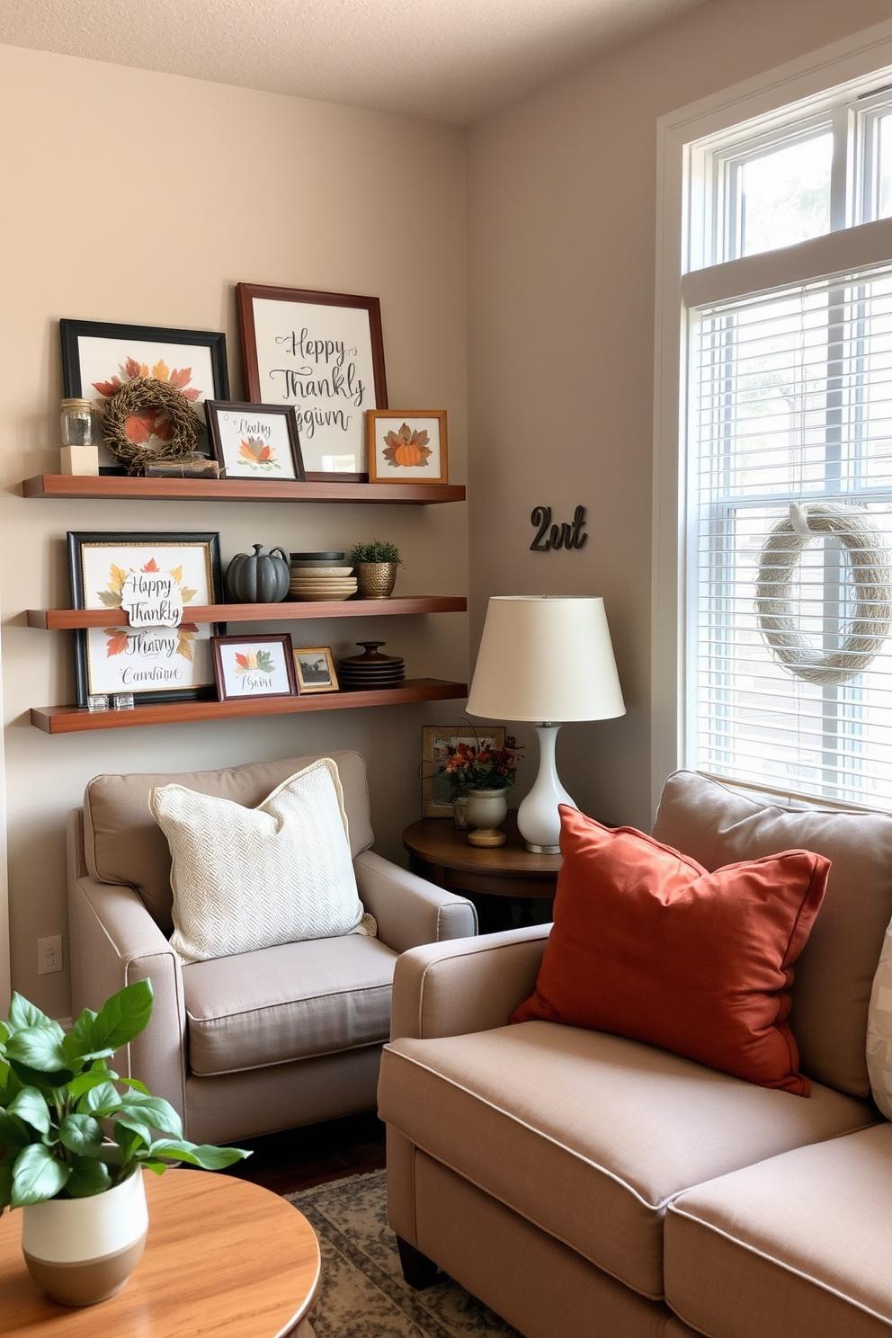 A cozy living room featuring shelves adorned with seasonal artwork celebrating Thanksgiving. The space is thoughtfully decorated with warm tones and small decorative elements that enhance the charm of a small area.