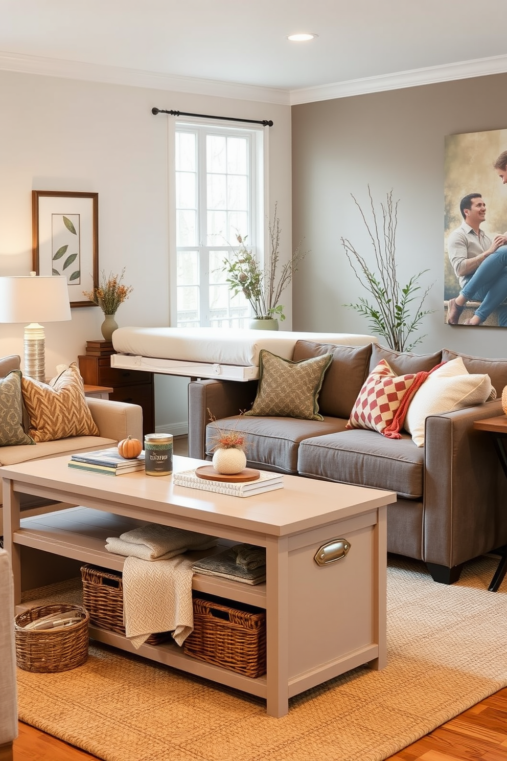 A cozy living room designed for Thanksgiving celebrations features a stylish multi-functional sofa that transforms into a guest bed. The sofa is paired with an elegant coffee table that doubles as a storage unit, keeping the space organized and clutter-free. In one corner, a compact dining table with foldable leaves accommodates family gatherings while saving space when not in use. Decorative baskets are tucked under the table, providing additional storage for blankets and seasonal decor.