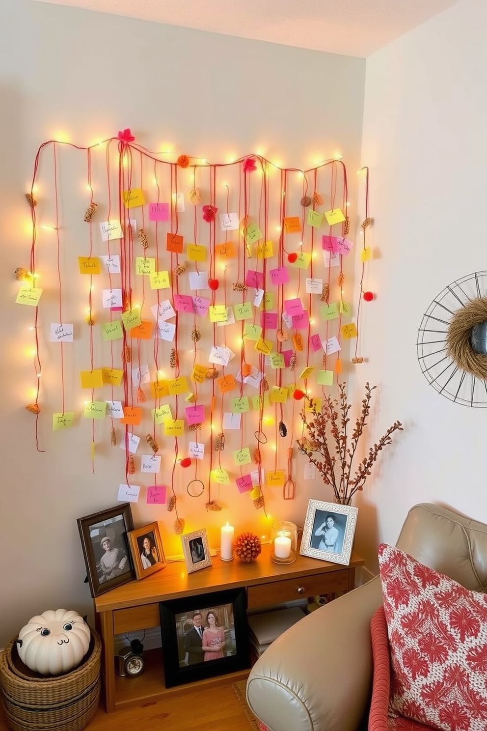 Create a gratitude wall in a cozy corner of your home. Use a variety of colorful notes and strings to display messages of thanks, surrounded by warm lighting and personal mementos. Incorporate small decorative elements like framed photos and seasonal decorations to enhance the theme. Choose a backdrop in soft, inviting colors to make the notes stand out and create a cheerful atmosphere.