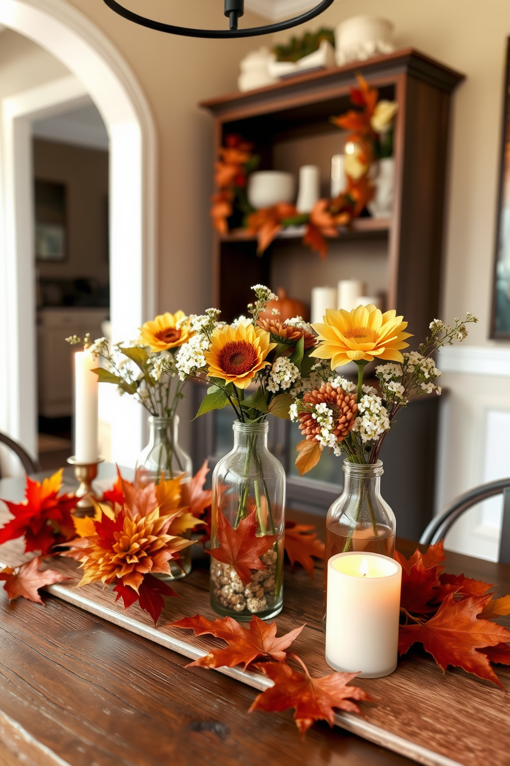 Create a cozy Thanksgiving-themed small space decorated with small vases filled with seasonal floral arrangements. The vases are placed on a rustic wooden table, surrounded by autumn leaves and candles to enhance the festive atmosphere.