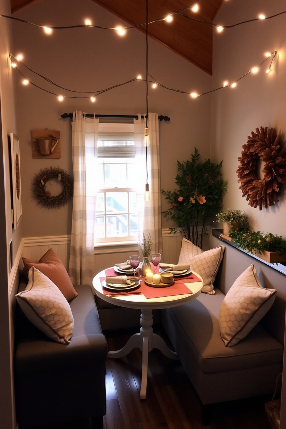 A cozy small living area decorated for Thanksgiving. Soft string lights hang above, casting a warm glow on a compact dining table set with seasonal decor.