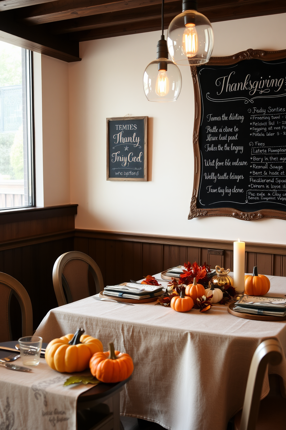 A cozy dining area designed for Thanksgiving celebrations. A chalkboard menu display is elegantly positioned on the wall, featuring handwritten seasonal specials. The table is set with a rustic tablecloth and adorned with small pumpkins and autumn leaves. Soft lighting from hanging pendant lights creates a warm and inviting atmosphere.