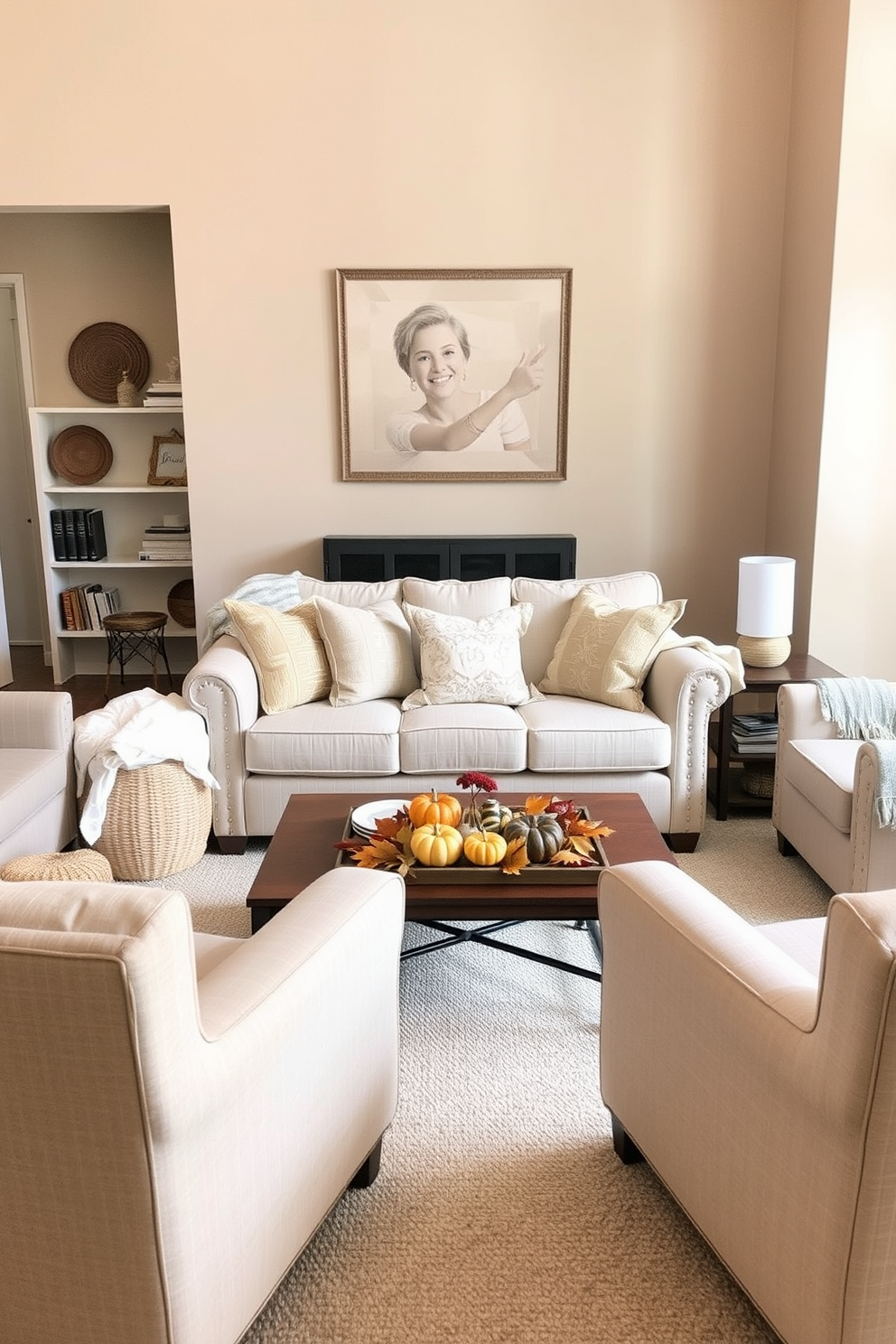 A cozy living room featuring a small coffee table surrounded by a plush sofa and two accent chairs. Woven baskets are strategically placed around the space, adding texture and warmth while providing functional storage for blankets and magazines. The walls are painted in a soft beige hue, creating a warm backdrop for seasonal decorations. A small Thanksgiving-themed centerpiece adorns the coffee table, complete with miniature pumpkins and autumn leaves for a festive touch.