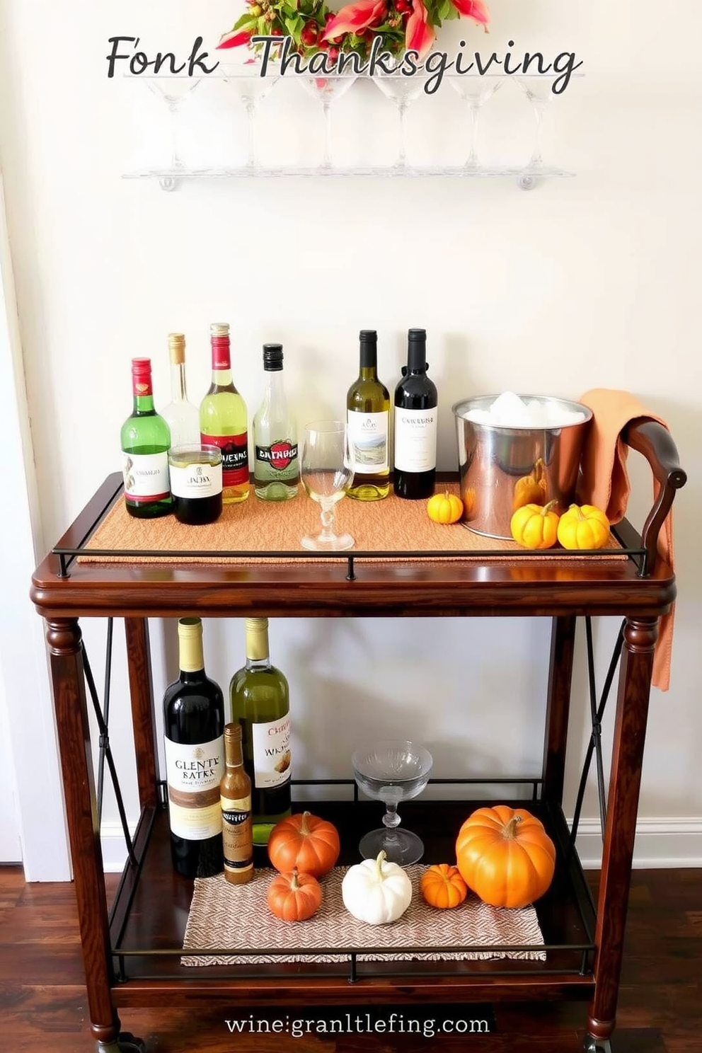 A charming small bar cart designed for a cozy Thanksgiving gathering. The cart features a rich wooden frame with a polished top, adorned with festive decorations and an array of colorful glassware. On one shelf, there are neatly arranged bottles of wine and spirits, complemented by a small ice bucket filled with fresh ice. The cart is accented with autumn-themed decor, such as miniature pumpkins and a warm, inviting table runner.