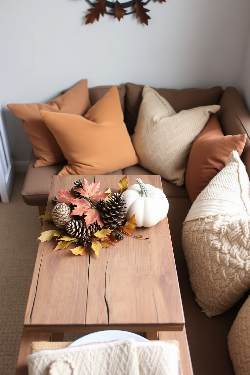 A cozy small space decorated for Thanksgiving features a rustic wooden table adorned with pinecones and autumn leaves. Soft pillows in warm earth tones are arranged on a comfortable sofa, creating an inviting atmosphere.