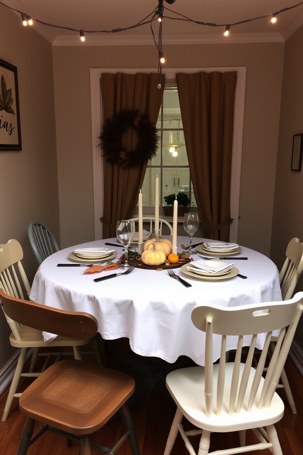 A cozy Thanksgiving setting in a small space. A foldable table is elegantly set with a crisp white tablecloth and seasonal decorations, including mini pumpkins and autumn leaves. Around the table, mismatched chairs create an inviting atmosphere. Soft lighting from string lights overhead adds warmth to the festive gathering.