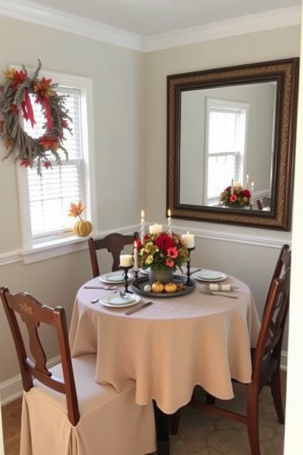 A cozy dining nook featuring a small round table set for Thanksgiving dinner. The table is adorned with a festive tablecloth, a centerpiece of seasonal flowers, and candles that create a warm ambiance. A large mirror on the wall opposite the window reflects natural light, making the space feel larger and brighter. Decorative elements like pumpkins and autumn leaves are strategically placed to enhance the seasonal decor.