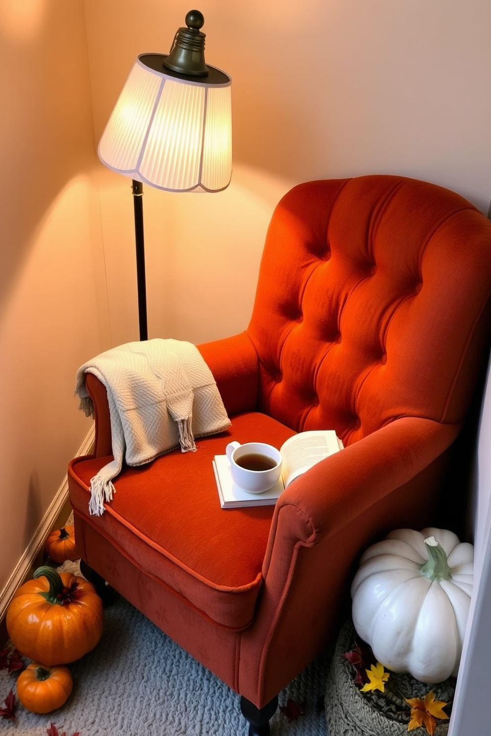 A cozy reading corner is nestled in a small space, featuring a plush armchair upholstered in warm, earthy tones. A small side table holds a steaming cup of tea and a stack of well-loved books, while a soft throw blanket drapes over the arm of the chair. A decorative floor lamp casts a gentle glow, illuminating the corner without overwhelming the space. Surrounding the area are seasonal decorations, including small pumpkins and autumn leaves, adding a festive touch to the inviting nook.