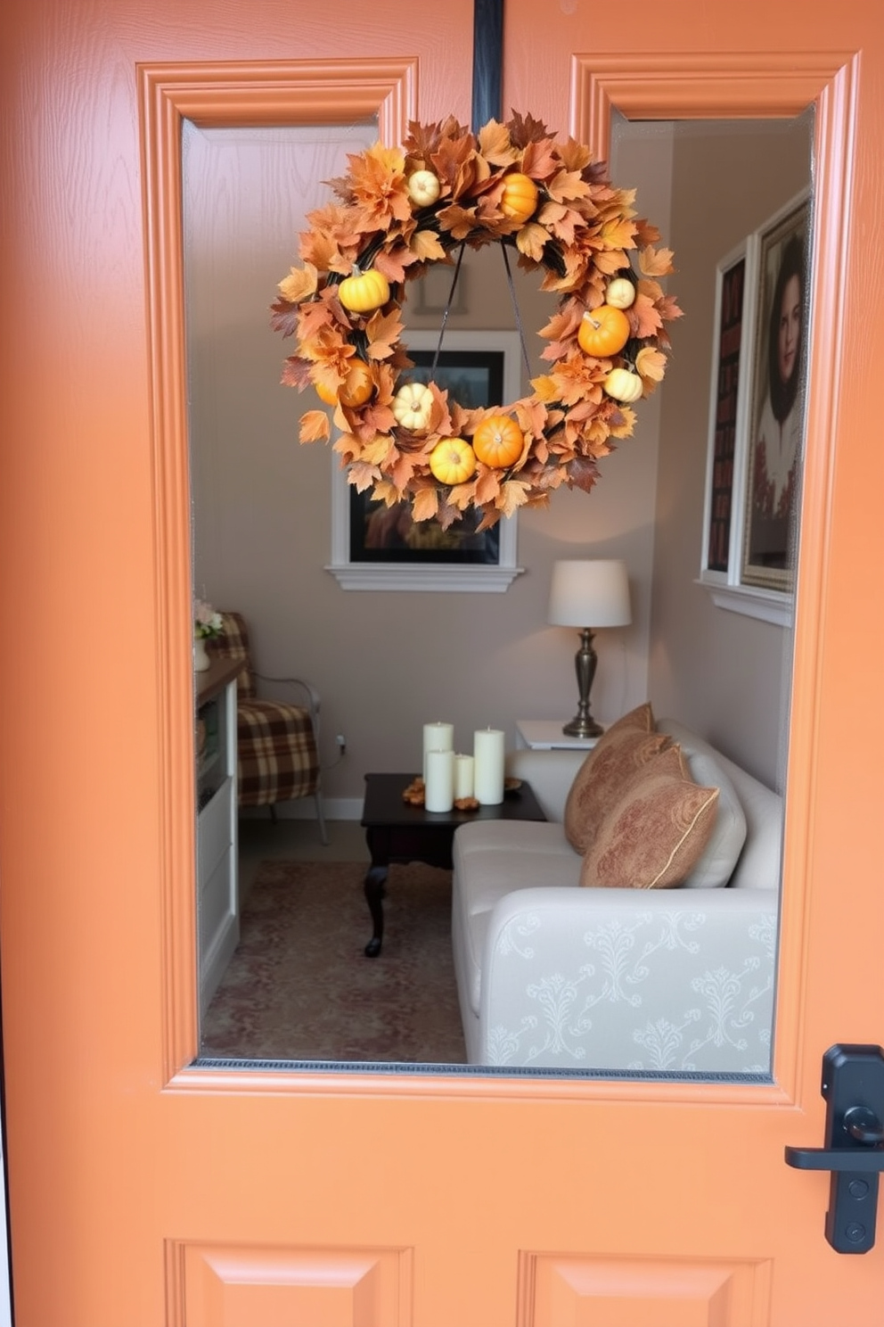 A charming front door adorned with a festive Thanksgiving wreath made of autumn leaves and small pumpkins. The door is painted in a warm, inviting color, complementing the seasonal decor. Inside the small space, a cozy seating area features a compact sofa with plush cushions in earthy tones. A small coffee table is topped with a decorative arrangement of gourds and candles, creating a welcoming atmosphere.