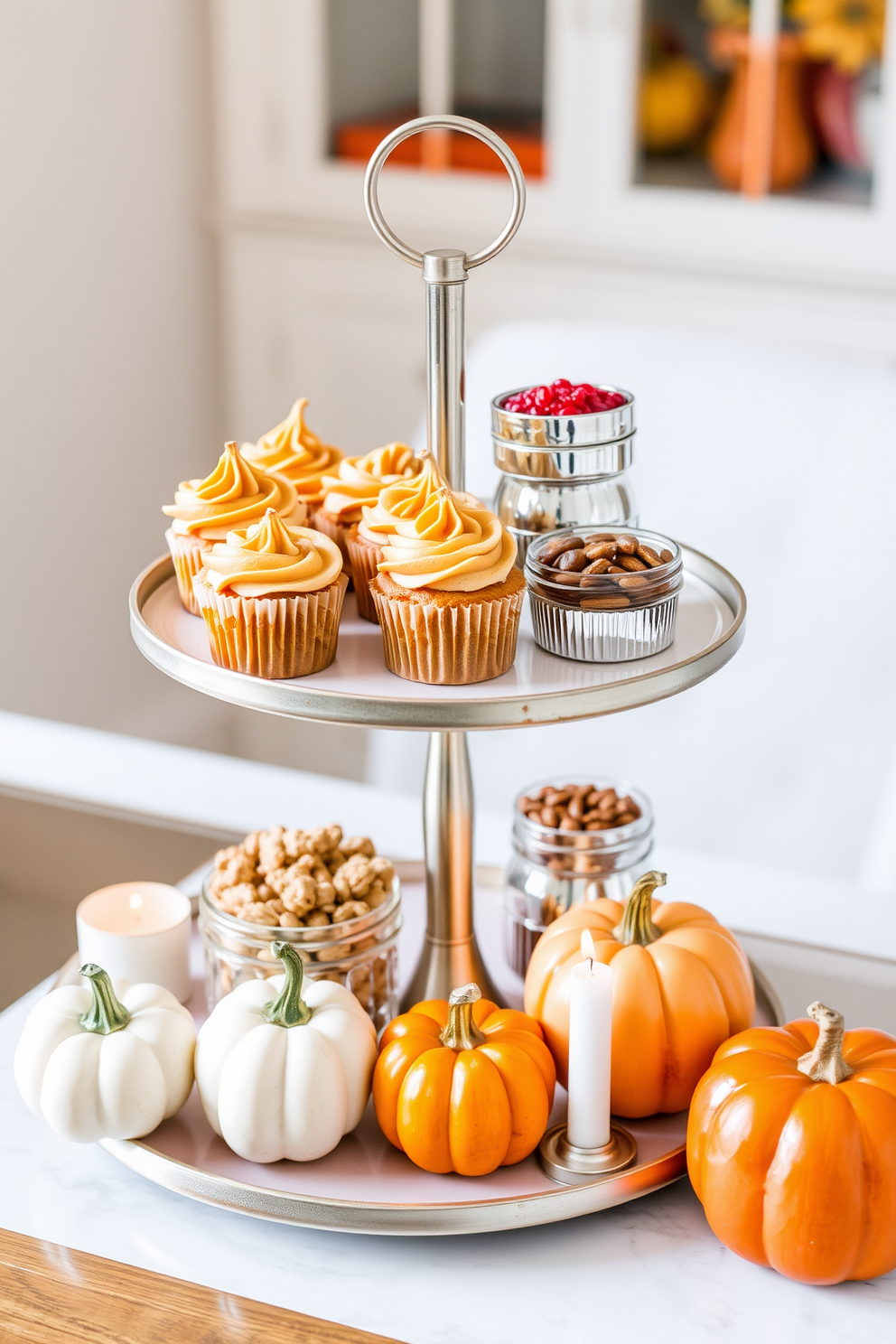 A charming tiered tray is elegantly arranged with an assortment of festive snacks for Thanksgiving. The tray features pumpkin spice cupcakes, cranberry sauce in small jars, and a variety of nuts, creating a warm and inviting display perfect for a small space. Soft autumnal colors decorate the tray, with touches of gold and deep orange to enhance the seasonal theme. Surrounding the tray are small decorative pumpkins and candles, adding to the cozy atmosphere while maximizing the limited space.