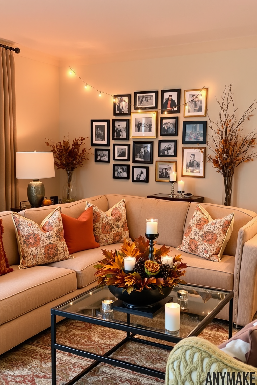 Create a cozy living room that incorporates family photos into the decor. The space features a small gallery wall with framed family pictures, surrounded by warm lighting and festive Thanksgiving decorations. The seating area includes a comfortable sofa adorned with seasonal throw pillows. A small coffee table is decorated with a centerpiece of autumn leaves and candles, enhancing the inviting atmosphere.