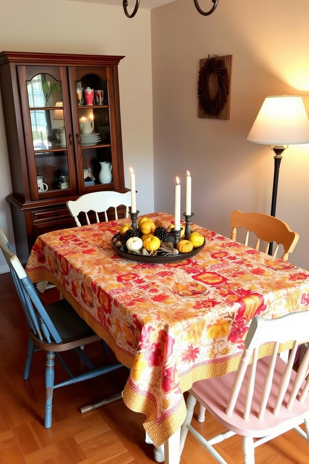 A cozy dining area perfect for Thanksgiving. The table is adorned with a vibrant festive tablecloth featuring autumn colors and patterns, surrounded by mismatched chairs that add character to the small space. On the table, a centerpiece of seasonal fruits and candles creates a warm and inviting atmosphere. Soft lighting from a nearby lamp enhances the intimate feel, making it ideal for family gatherings.