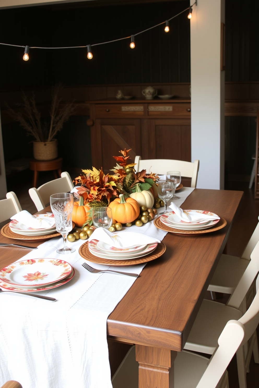 Create a cozy dining setting for Thanksgiving featuring seasonal dishware with autumn colors and patterns. The table is set with a rustic wooden table, adorned with a simple white tablecloth and a centerpiece of pumpkins and fall foliage. Incorporate small space decorating ideas by using stackable chairs and a foldable table that can be easily stored. Add warm lighting with string lights overhead to create an inviting atmosphere.