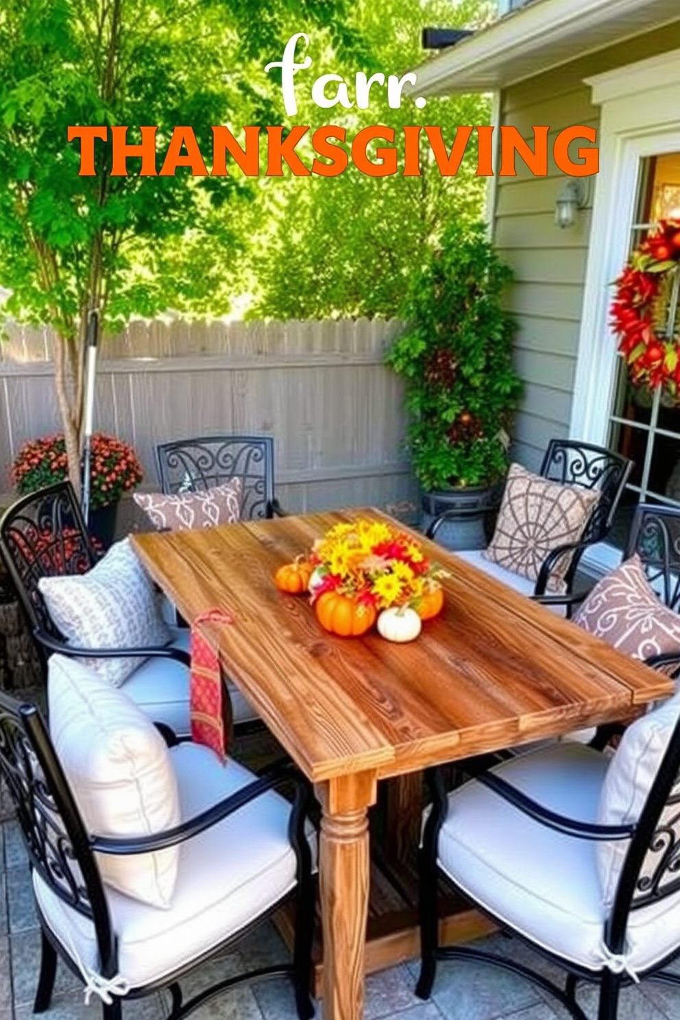 A cozy outdoor seating area designed for Thanksgiving features a rustic wooden table surrounded by comfortable chairs adorned with soft cushions. The space is decorated with autumn-themed centerpieces, including pumpkins and colorful leaves, creating a warm and inviting atmosphere.