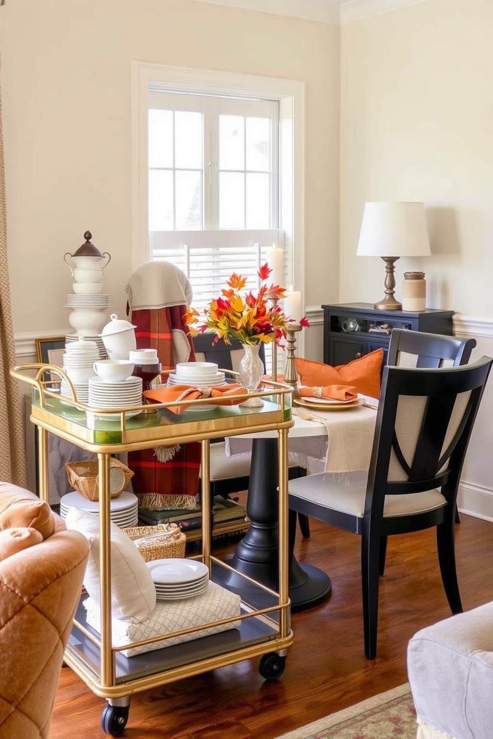 A cozy dining area featuring a rolling cart adorned with elegant serveware and seasonal decorations. The cart is positioned next to a small round table set for Thanksgiving, surrounded by stylish chairs and warm, inviting textiles. The walls are painted in a soft cream color, enhancing the warmth of the space. A small centerpiece of autumn leaves and candles sits on the table, creating a festive atmosphere perfect for the holiday.