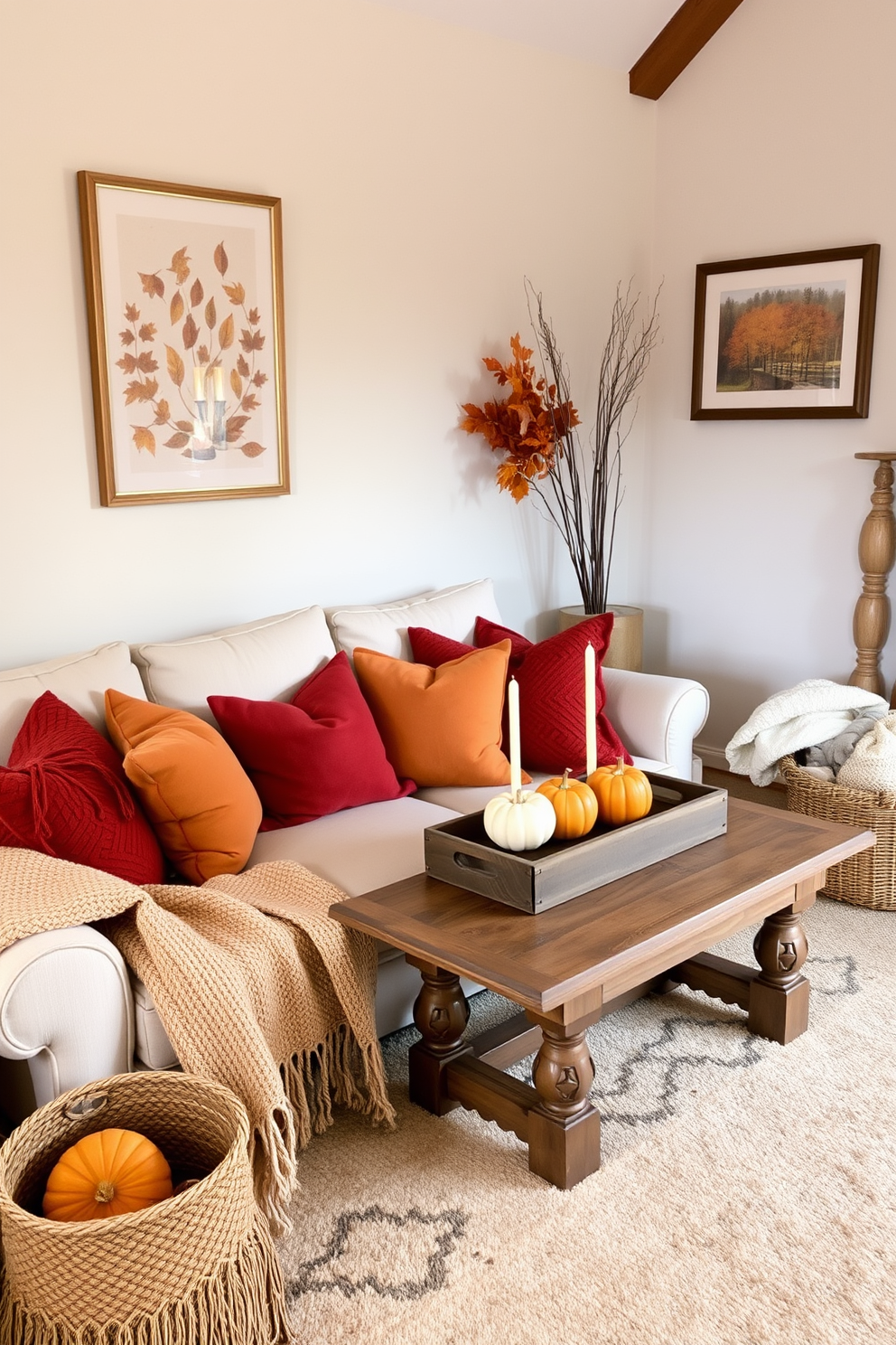 A cozy living room adorned with warm autumn colors. Plush throw pillows in shades of burnt orange and deep red are scattered across a soft beige sofa, while a chunky knit blanket drapes over the armrest. A rustic wooden coffee table sits at the center, topped with a centerpiece of seasonal gourds and candles. The walls are decorated with framed autumn-themed artwork, and a woven basket filled with cozy throws is placed nearby.