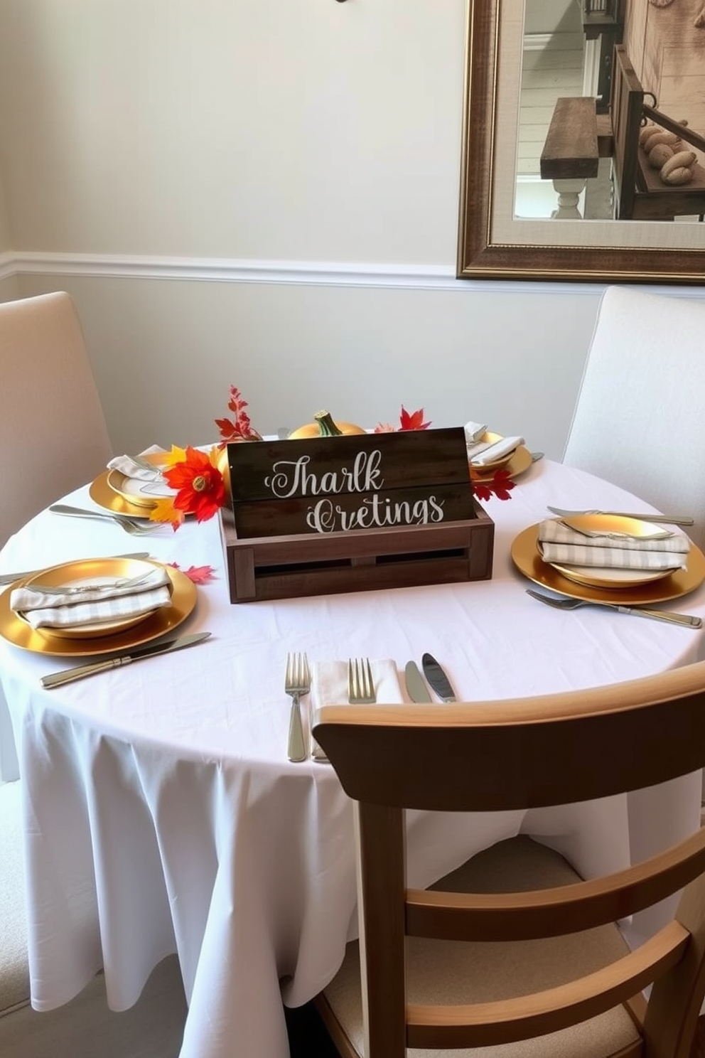 A cozy dining area set for Thanksgiving with a small round table adorned with a crisp white tablecloth. The centerpiece features a rustic wooden crate filled with seasonal pumpkins and vibrant autumn leaves, while place settings include elegant gold-rimmed plates and matching cutlery. A festive table sign with warm greetings is placed prominently at the center, crafted from reclaimed wood and painted in cheerful fall colors. Surrounding the table are comfortable chairs upholstered in soft fabric, creating an inviting atmosphere for family gatherings.