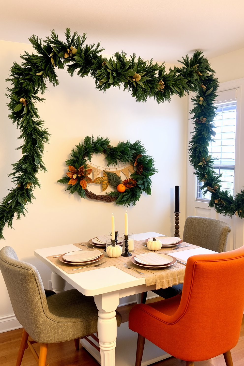 A cozy dining area adorned with a festive garland draped gracefully above the table. The table is set with autumn-themed decorations, including small pumpkins and candles that create a warm ambiance. The walls are painted in a soft cream color, enhancing the inviting atmosphere of the space. A mix of comfortable chairs surrounds the table, each with unique textures that add character to the small area.