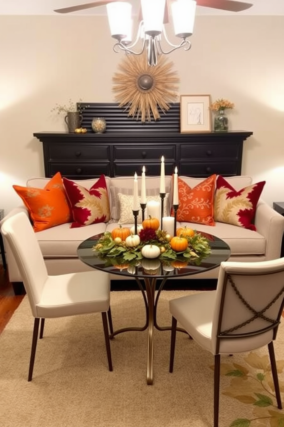 Create a cozy and inviting small living room setting for Thanksgiving. Incorporate decorative pillows in warm autumn colors like orange, burgundy, and gold on a neutral sofa to enhance comfort and seasonal charm. Add a small dining table adorned with a festive centerpiece made of pumpkins and candles. Surround the table with stylish chairs that complement the overall color scheme, creating an intimate atmosphere for holiday gatherings.