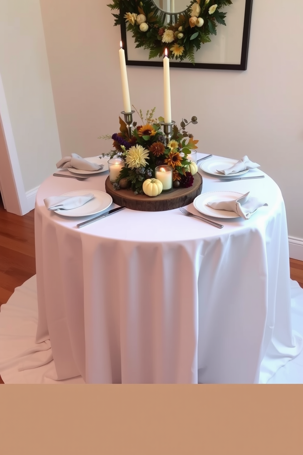 A simple yet elegant table setting for Thanksgiving features a crisp white tablecloth draped over a small round table. Centered on the table is a rustic wooden centerpiece adorned with seasonal flowers and candles, creating a warm and inviting atmosphere. Place delicate china plates at each setting, complemented by polished silverware and cloth napkins neatly folded beside them. To add a touch of charm, include small pumpkins or gourds as decorative accents around the table's edge, enhancing the festive spirit.