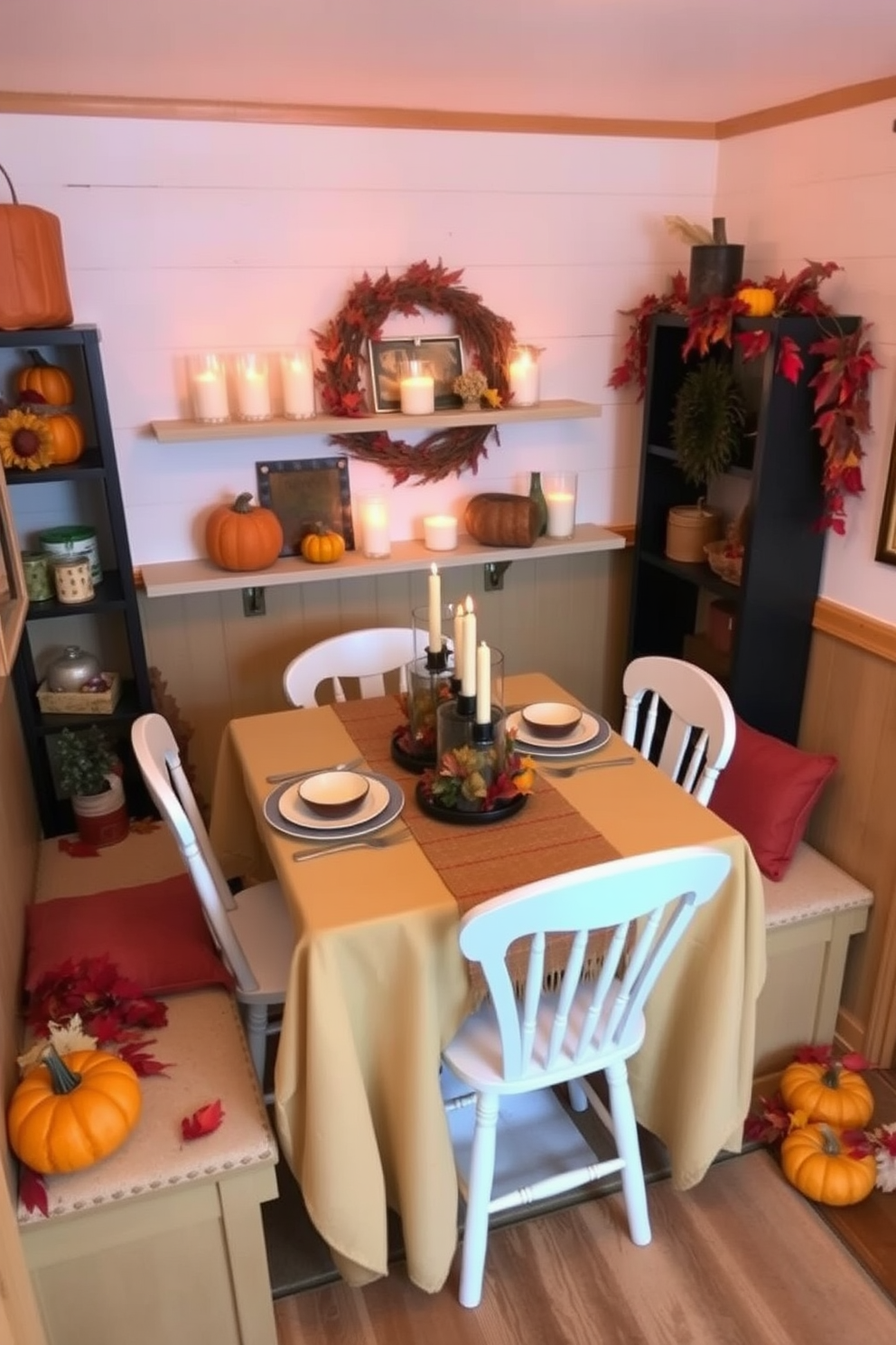 A cozy Thanksgiving-themed small space decorated with warm, inviting colors. The room features a compact dining table set for a festive meal, adorned with a rustic table runner and seasonal decorations. Soft, flickering candles are placed around the table and on shelves, creating a warm glow. Surrounding the space are autumnal accents like small pumpkins and vibrant leaves, enhancing the seasonal atmosphere.