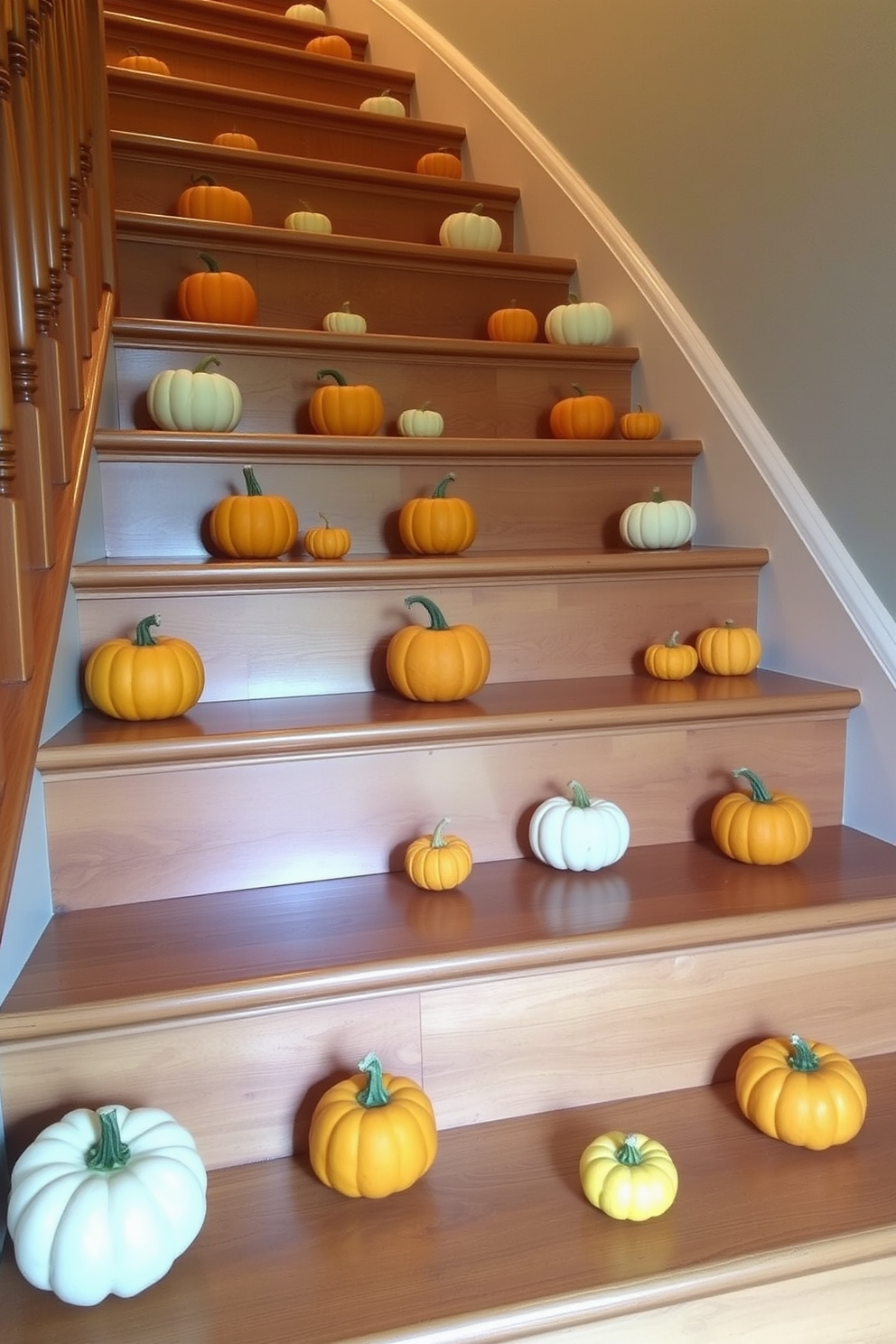 Mini pumpkins are artfully arranged on each step of the staircase, creating a warm and inviting atmosphere. The pumpkins vary in size and color, enhancing the seasonal decor and complementing the rich wood tones of the staircase.