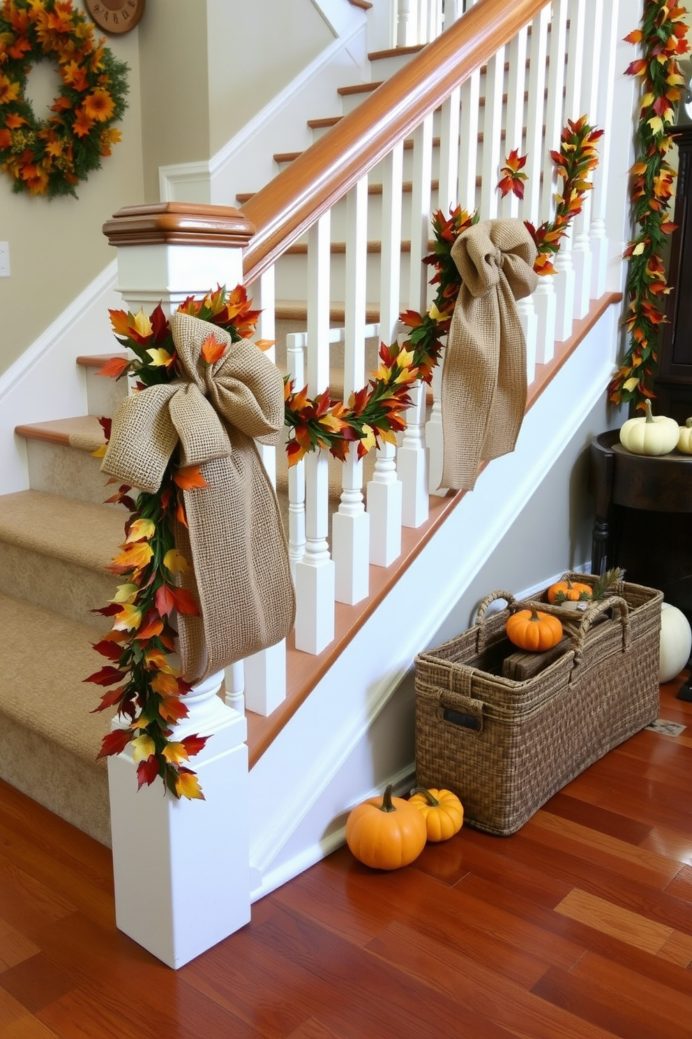 A warm and inviting staircase adorned for Thanksgiving. Burlap bows are elegantly tied on the handrails, complemented by seasonal garlands of autumn leaves and small pumpkins.