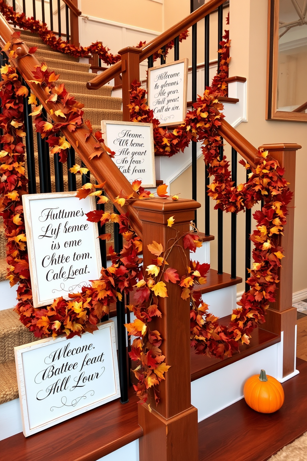 A warm and inviting staircase adorned with seasonal quotes on decorative signs. The signs feature elegant typography and are strategically placed along the railing, surrounded by garlands of autumn leaves and small pumpkins.