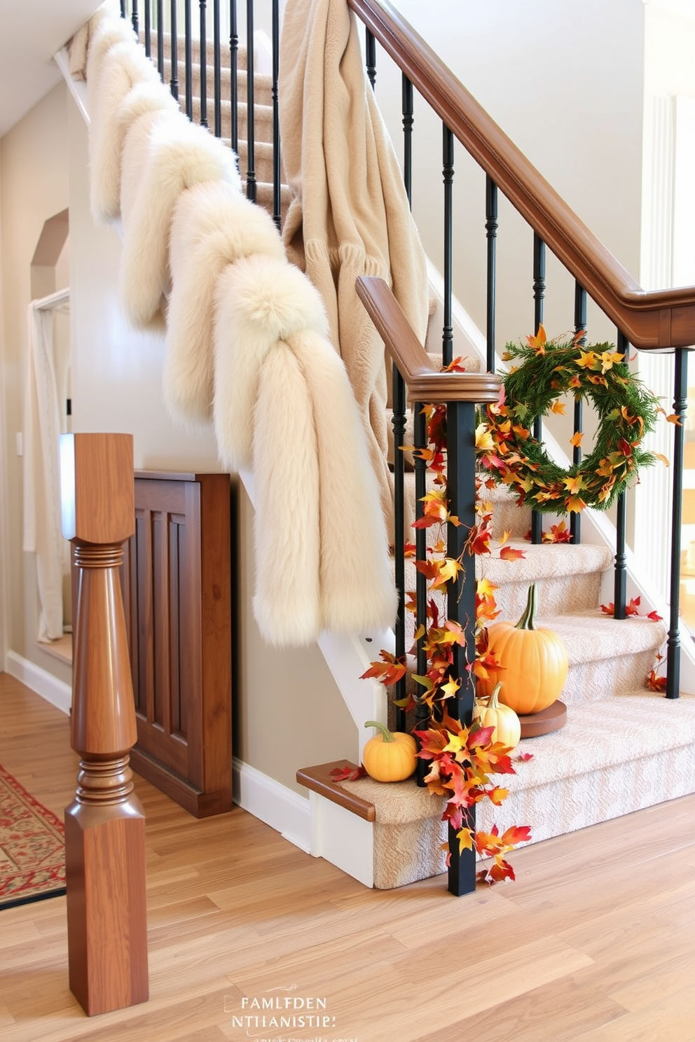 A cozy staircase landing adorned with soft faux fur throws in warm neutral tones. The staircase is decorated with autumn-themed accents, including small pumpkins and vibrant fall leaves, creating a welcoming atmosphere for Thanksgiving.