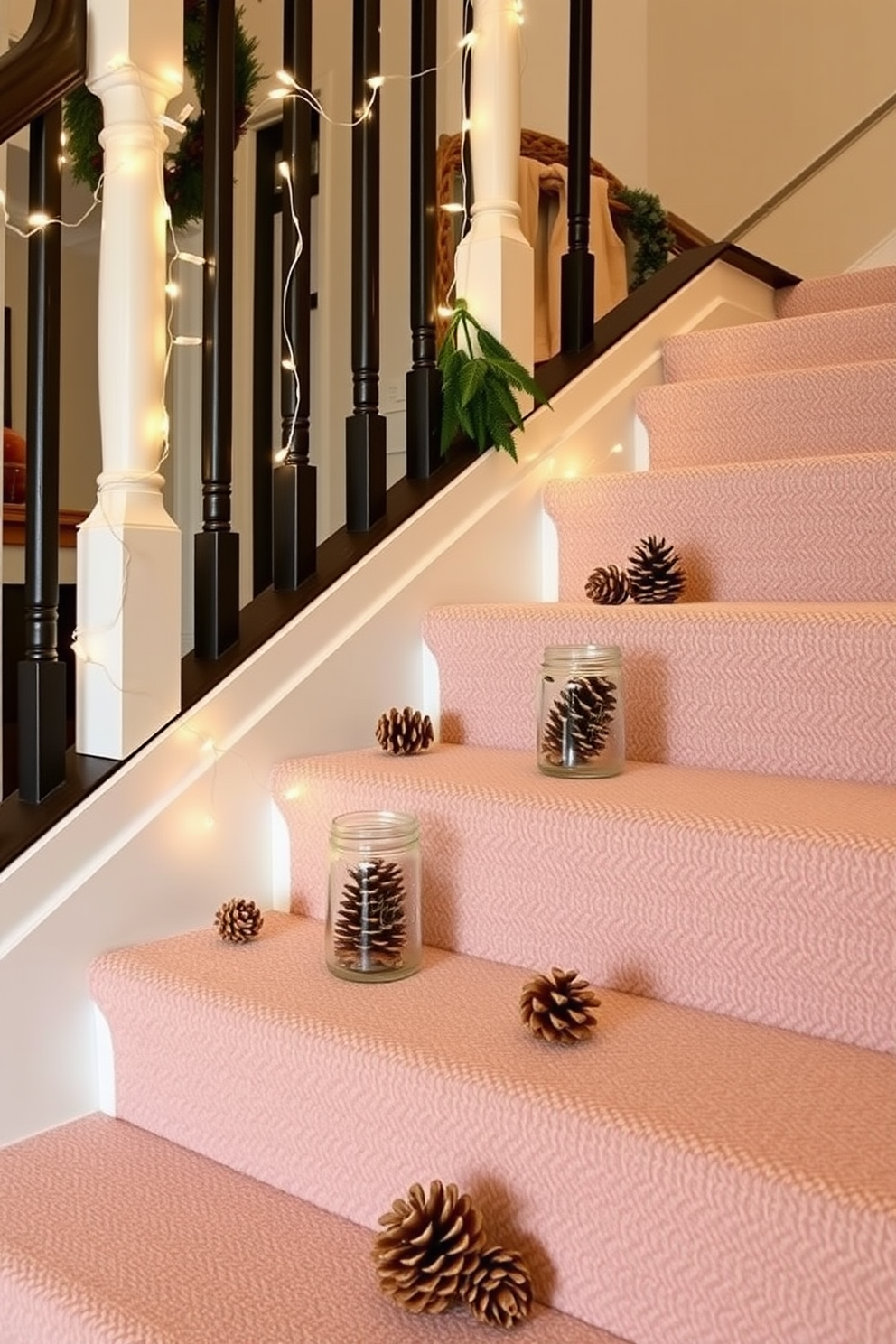 Mason jars filled with pinecones are arranged on the staircase steps, creating a warm and inviting Thanksgiving atmosphere. Twinkling fairy lights are draped along the railing, adding a touch of elegance to the festive decor.