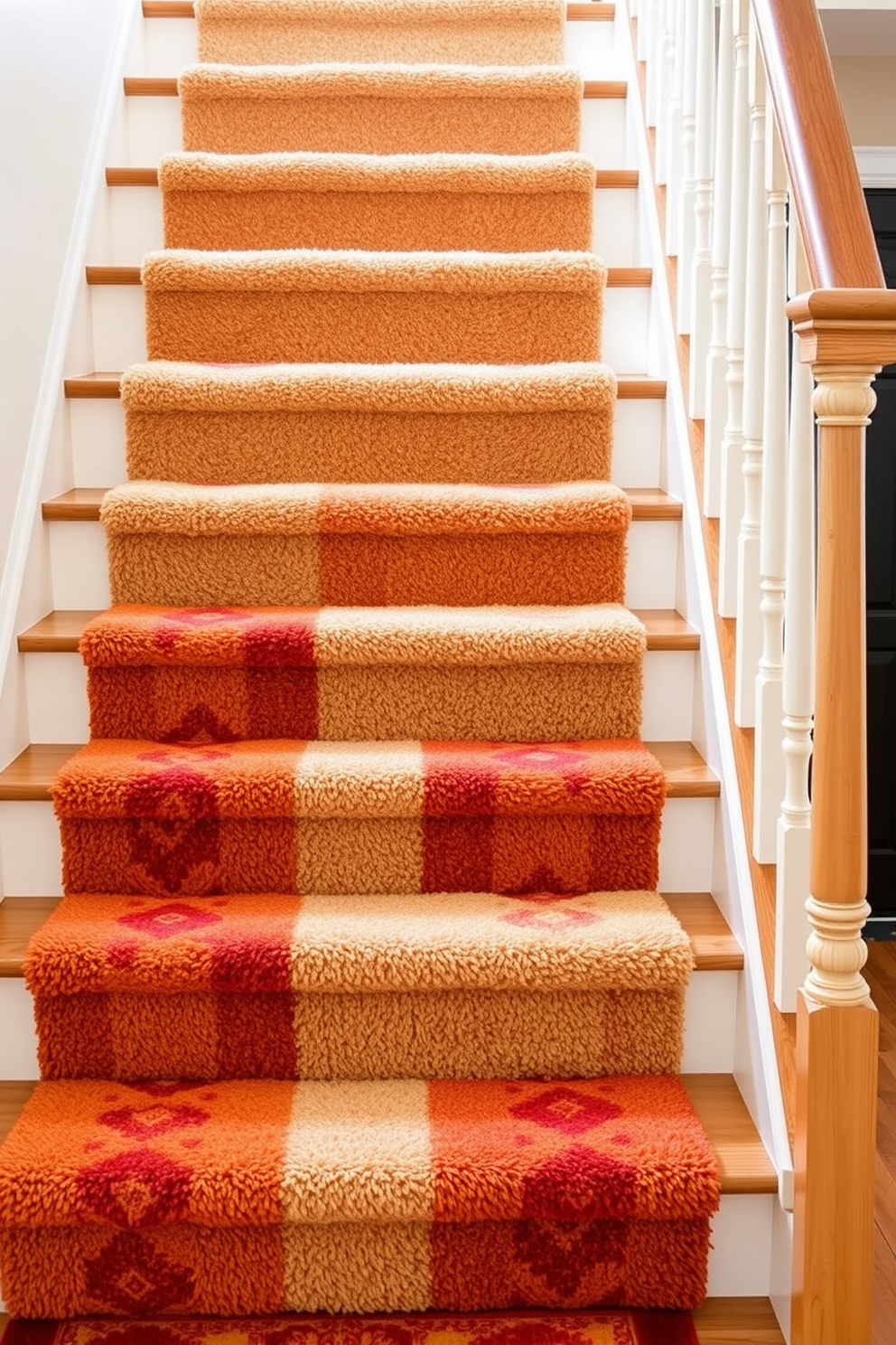 Layered rugs in warm autumn colors create a cozy atmosphere on the staircase. The rich hues of orange, red, and gold complement the natural wood of the stairs and enhance the festive spirit of Thanksgiving.