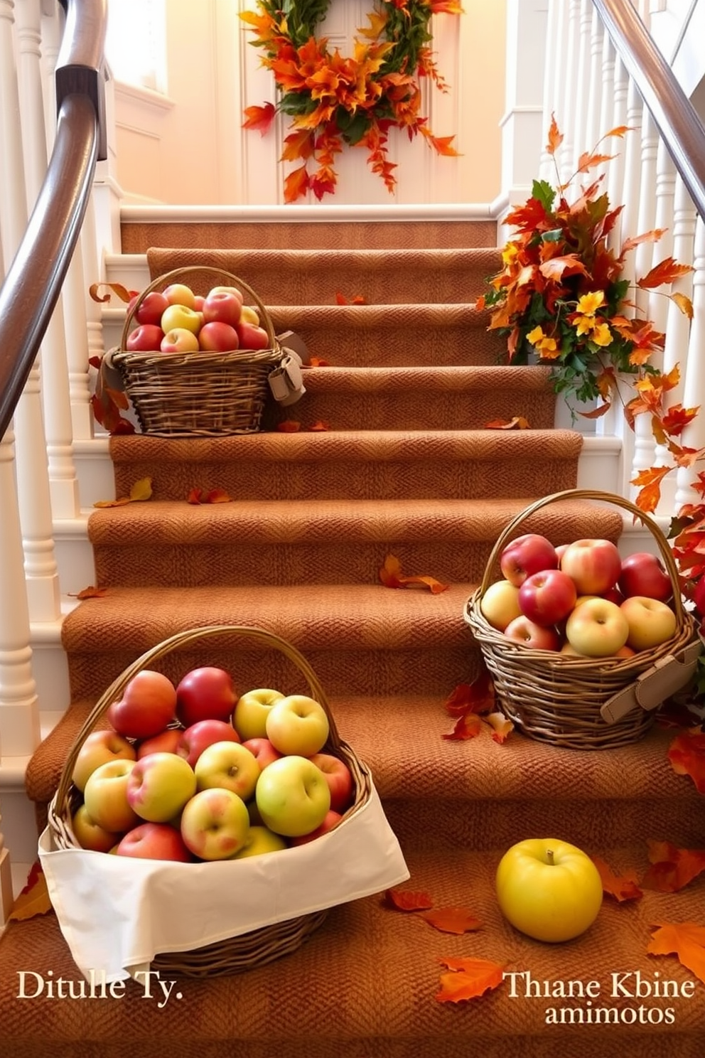 Fresh apples in baskets are artfully arranged on the steps of a beautifully decorated staircase. The warm hues of autumn leaves complement the vibrant red and green of the apples, creating a festive and inviting atmosphere for Thanksgiving.