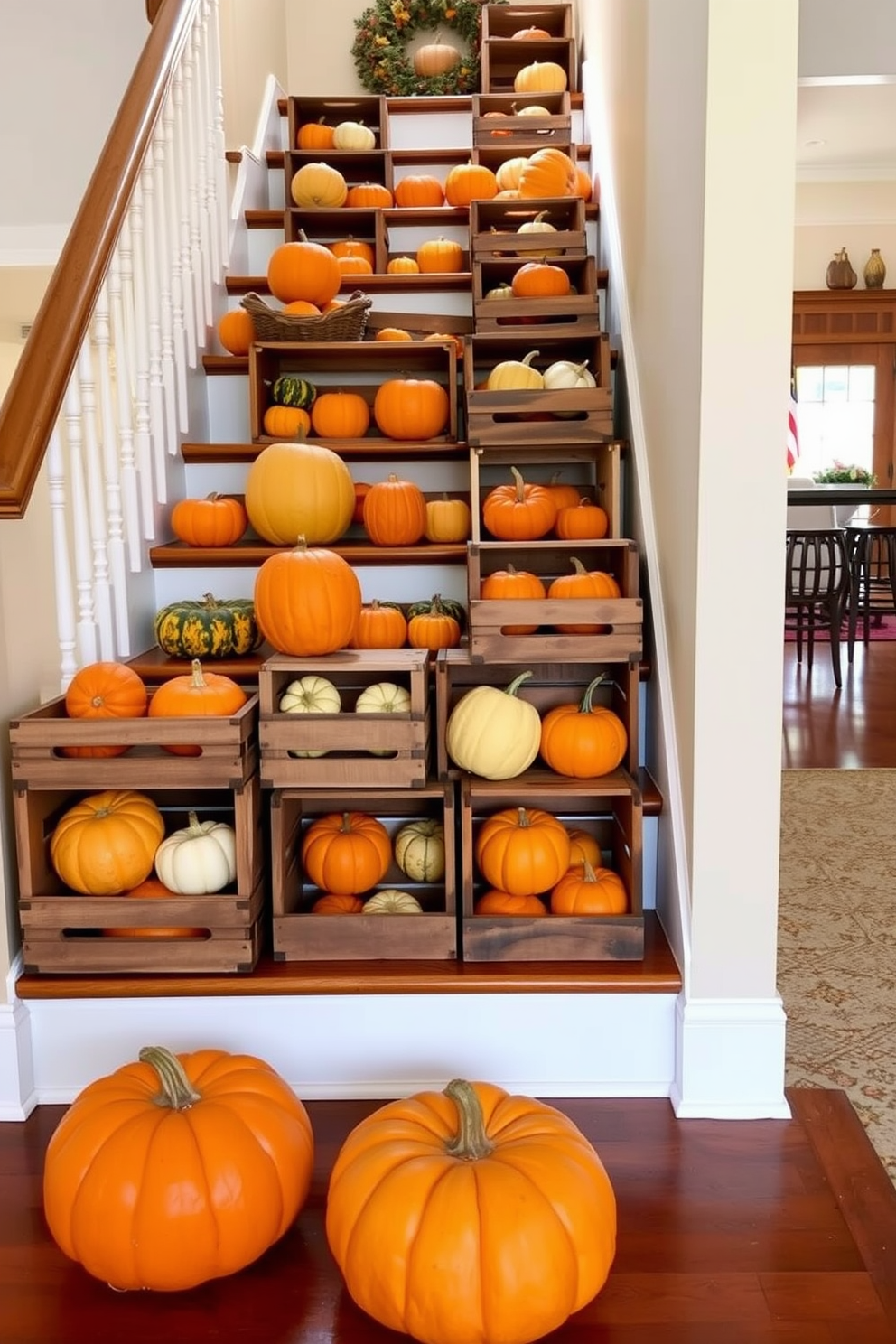 A warm and inviting staircase adorned with wooden crates stacked creatively. Each crate is filled with a variety of colorful gourds, enhancing the festive Thanksgiving atmosphere.