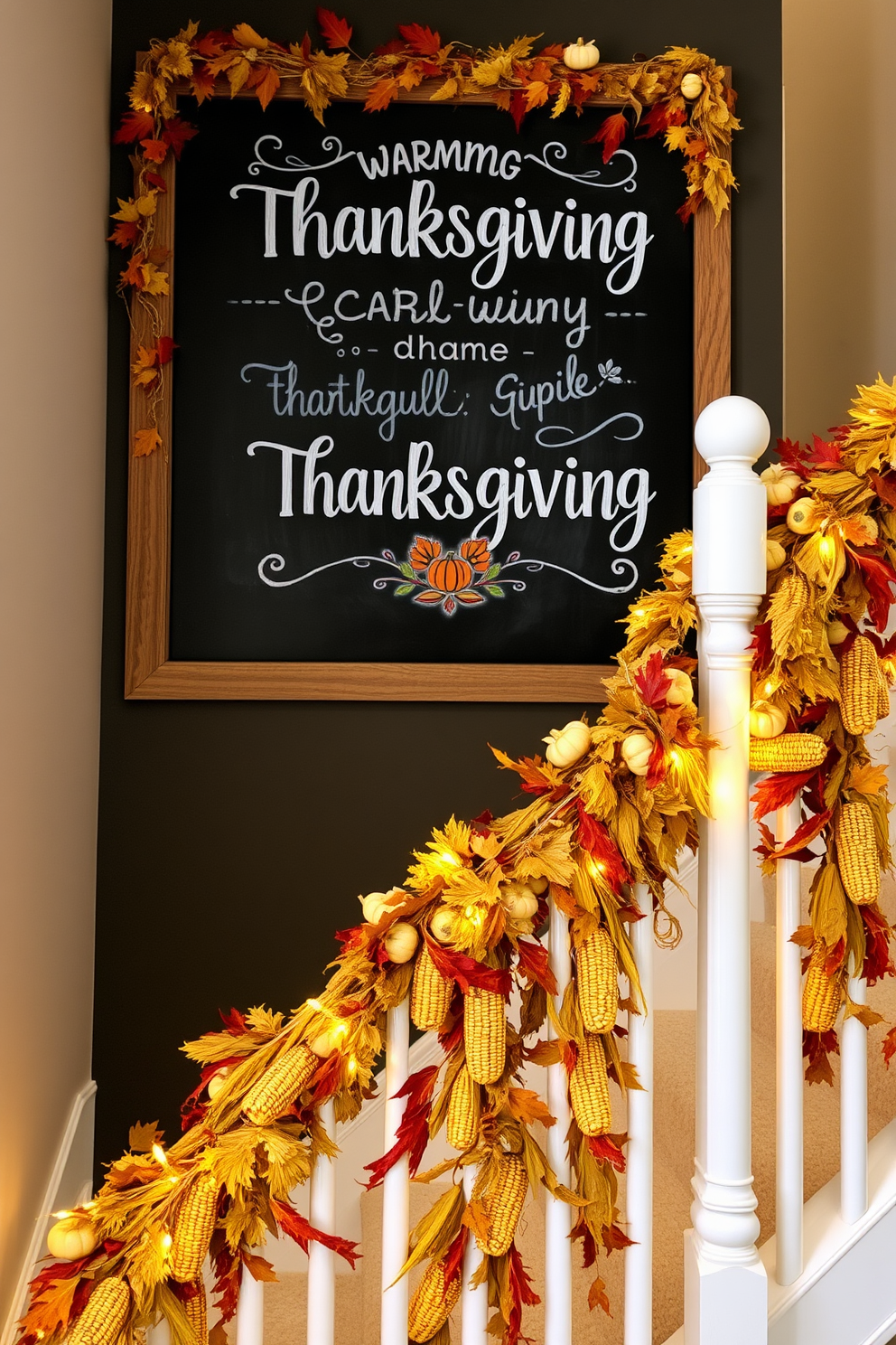 Chalkboard art featuring warm Thanksgiving messages such as gratitude and harvest themes. The art is surrounded by autumn leaves and small pumpkins for a festive touch. Thanksgiving staircase decorated with garlands of dried corn and colorful fall foliage. Twinkling fairy lights are woven through the decorations to create a warm and inviting atmosphere.