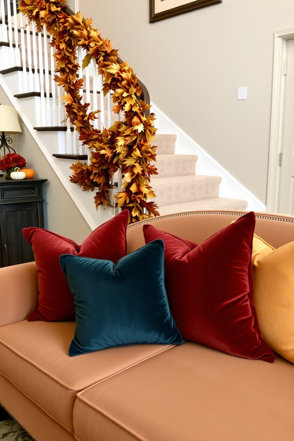 Decorative pillows in rich fall hues are artfully arranged on a plush sofa at the base of a beautifully adorned staircase. The staircase is draped with garlands of autumn leaves and accented with small pumpkins and lanterns, creating a warm and inviting atmosphere for Thanksgiving.