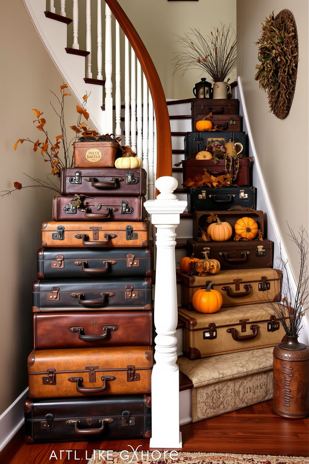 A charming staircase adorned with vintage suitcases stacked creatively. The suitcases are filled with fall decor accents like pumpkins and dried leaves, creating a warm Thanksgiving atmosphere.