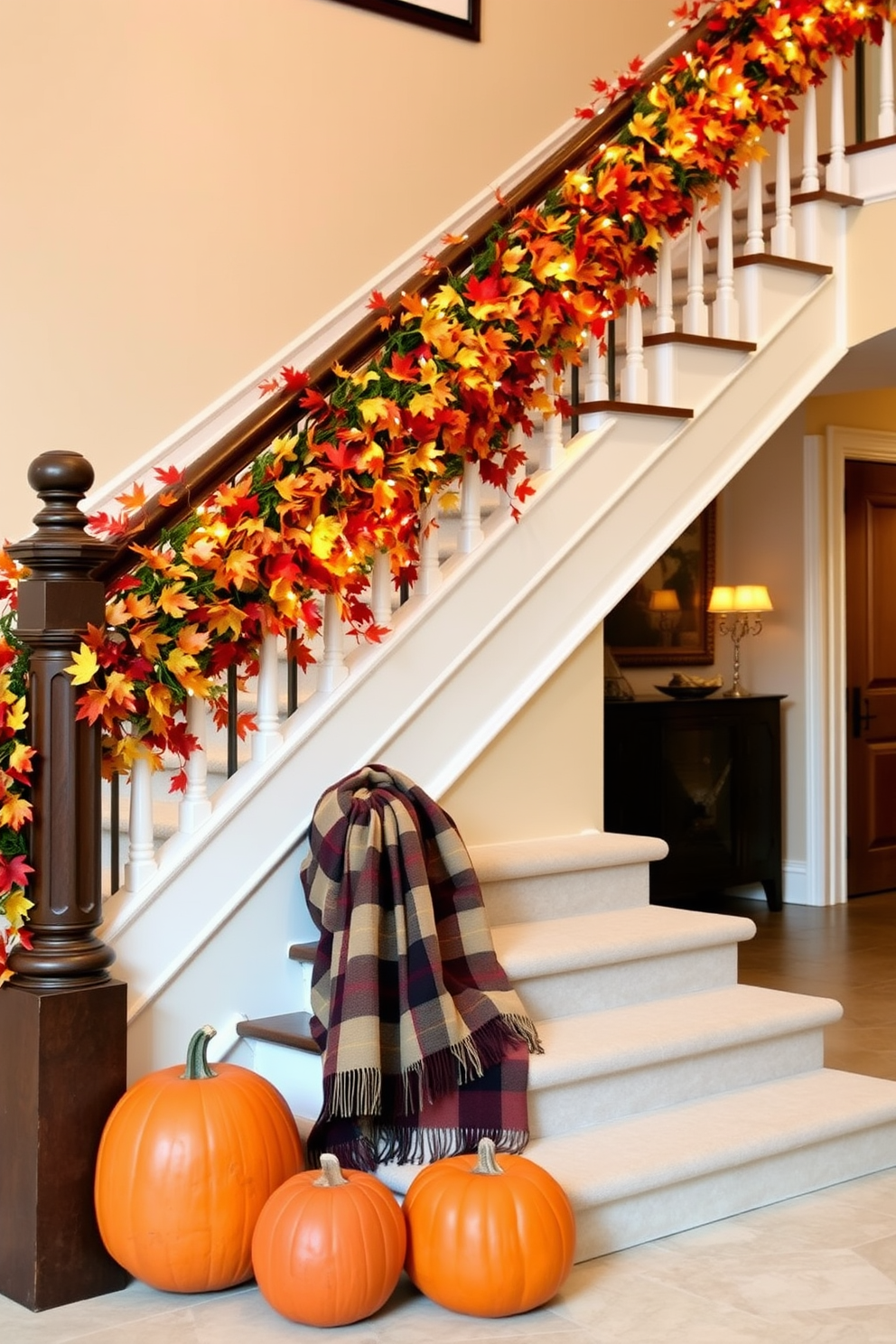 A garland of autumn leaves drapes elegantly along the banister of a grand staircase. The warm hues of orange, red, and gold create a festive atmosphere, complemented by soft white lights woven throughout the garland. Pumpkins of various sizes are placed at the base of the staircase, adding a charming seasonal touch. A cozy plaid blanket is casually thrown over the first step, inviting guests to enjoy the holiday spirit.