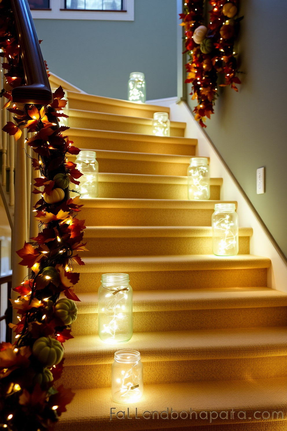 Twinkling fairy lights are elegantly arranged in glass jars, casting a warm and inviting glow throughout the staircase. The jars are strategically placed on each step, creating a magical ambiance that enhances the festive spirit of Thanksgiving. The staircase is adorned with autumn-themed decorations, including garlands of colorful leaves and small pumpkins. Rich, earthy tones complement the twinkling lights, transforming the space into a cozy and welcoming environment for holiday gatherings.