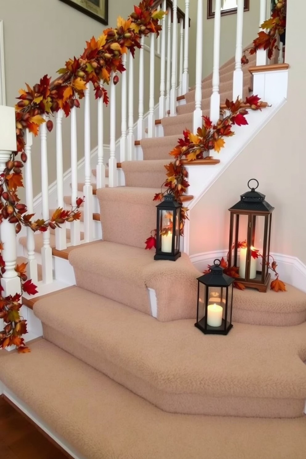 A beautifully decorated staircase adorned with natural elements for Thanksgiving. Acorns and colorful leaves are artfully arranged along the banister, creating a warm and inviting atmosphere. The steps are lined with soft, textured runners that complement the autumn theme. Lanterns with flickering candles are placed at intervals, adding a cozy glow to the festive decor.