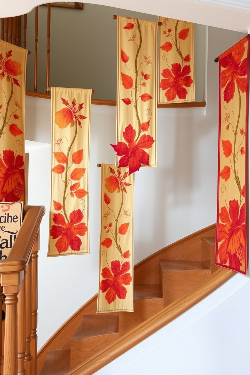 Hanging fabric banners adorned with rich autumn motifs cascade down the staircase, creating a warm and inviting atmosphere. The vibrant colors of orange, red, and gold complement the natural wood of the staircase, enhancing the seasonal charm.