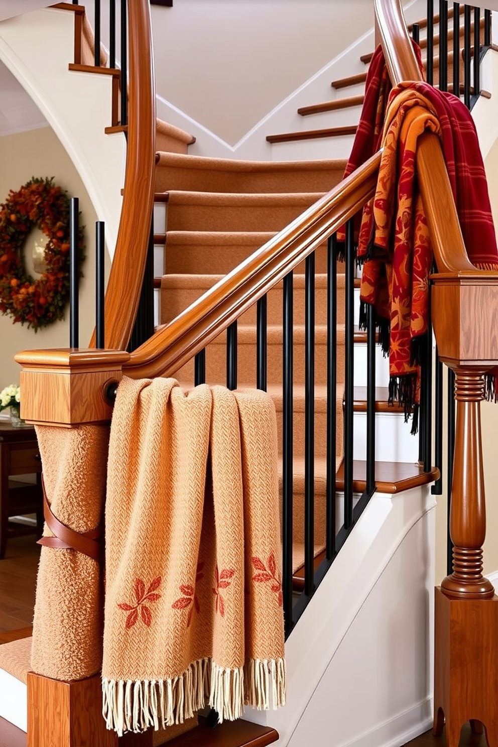 A warm and inviting staircase adorned with seasonal throw blankets draped elegantly over wooden rails. The blankets feature rich autumn colors and textures, enhancing the cozy atmosphere of the Thanksgiving season.