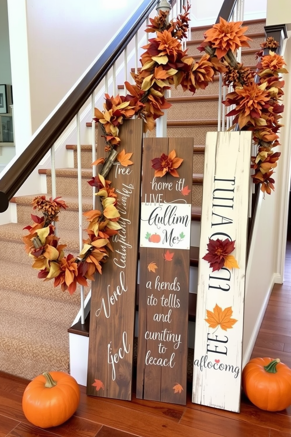 Rustic wooden signs adorned with autumn-themed decorations are placed along a beautifully decorated staircase. The signs feature warm colors and inviting messages, complemented by garlands of dried leaves and pumpkins that enhance the festive atmosphere.