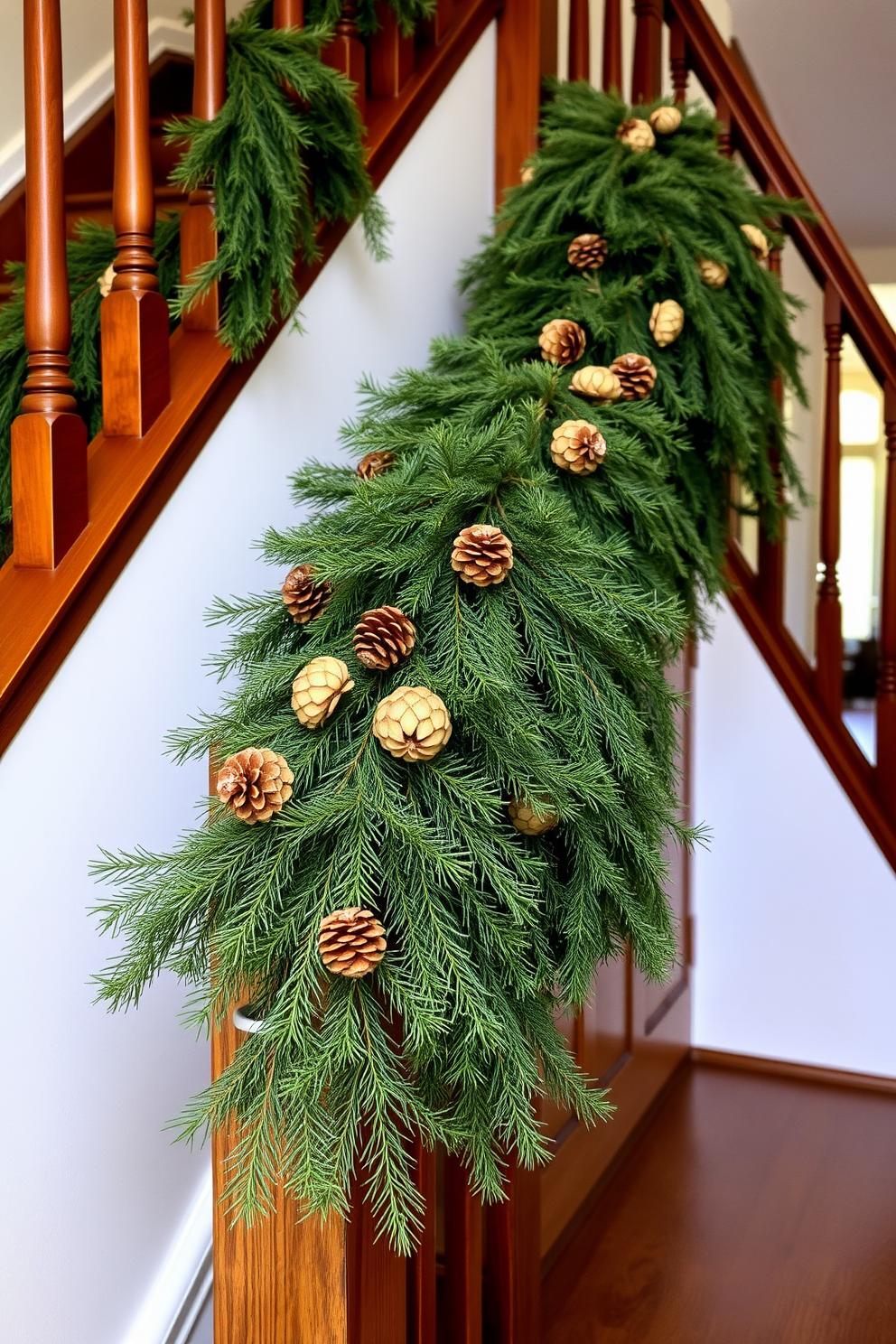 A warm and inviting staircase adorned with lush pine branches and natural pine cones. The rich green of the pine contrasts beautifully with the wooden banister, creating a festive and textured atmosphere for Thanksgiving.