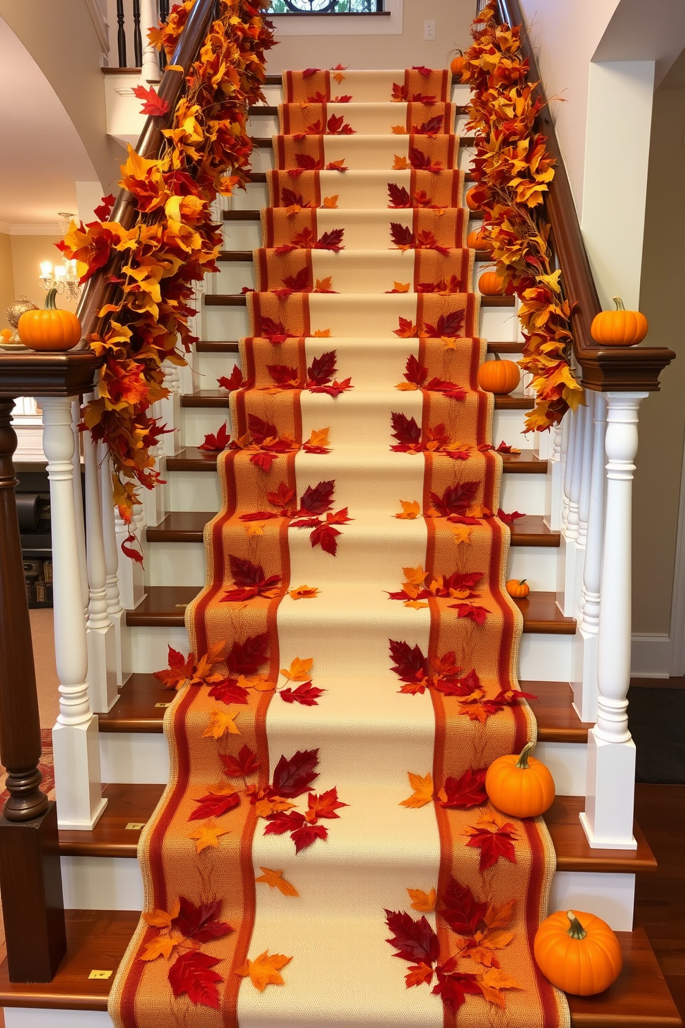 A beautiful staircase adorned with harvest-themed table runners cascading down each step. The warm colors of autumn leaves and pumpkins create a festive atmosphere, complemented by small decorative gourds placed along the railing.