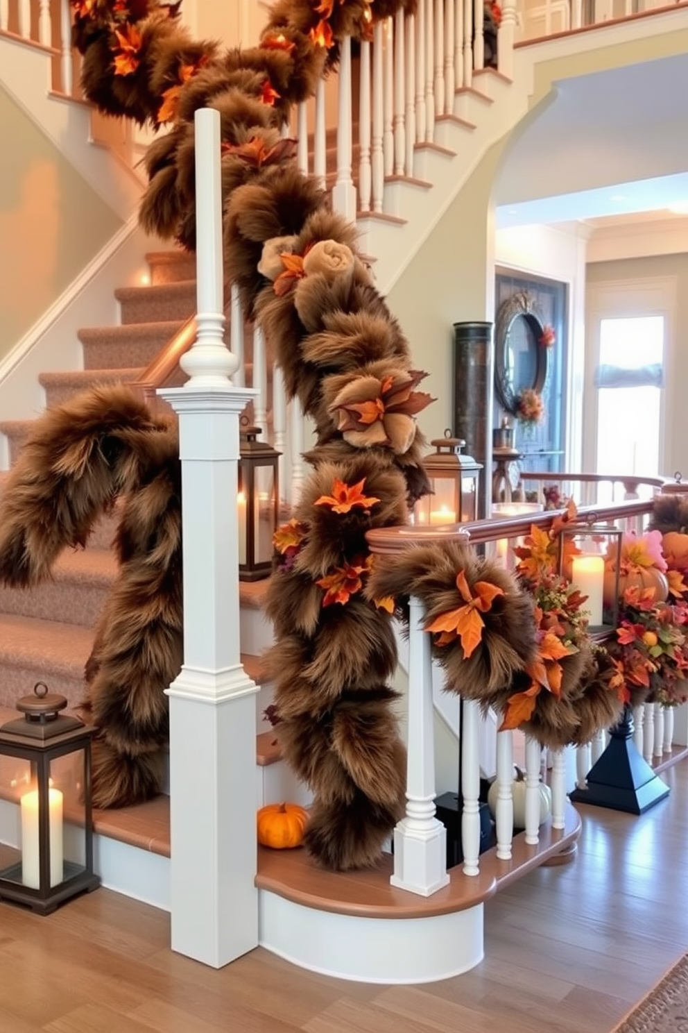 A beautifully decorated staircase for Thanksgiving features faux fur accents that add warmth and comfort to the space. The staircase is adorned with rich autumnal garlands intertwined with soft faux fur throws, creating an inviting atmosphere. Elegant lanterns are placed on each step, casting a warm glow that enhances the festive feel. Along the banister, small pumpkins and seasonal foliage are arranged, complementing the cozy aesthetic.